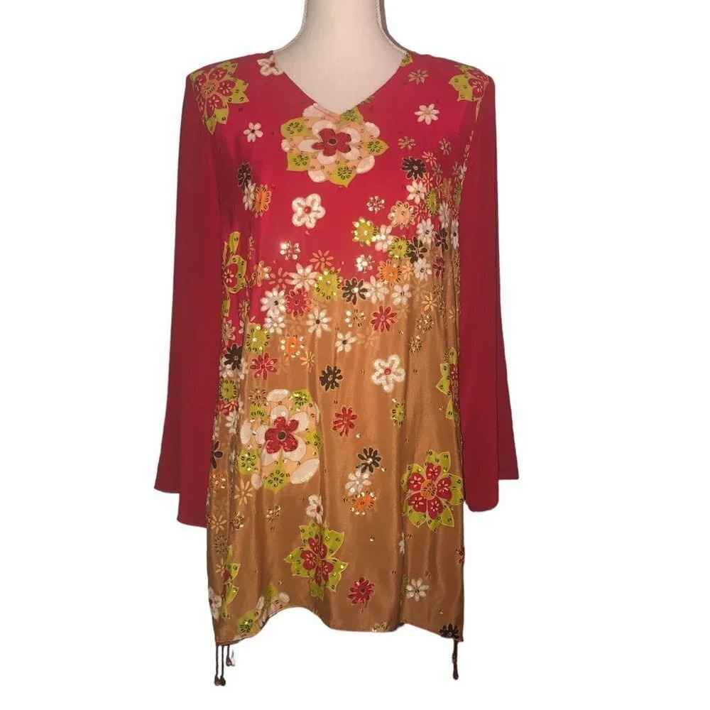 VINTAGE DIANE GILMAN Sz S Womens Red Floral Silk Sequin Long Sleev V-Neck Blouse